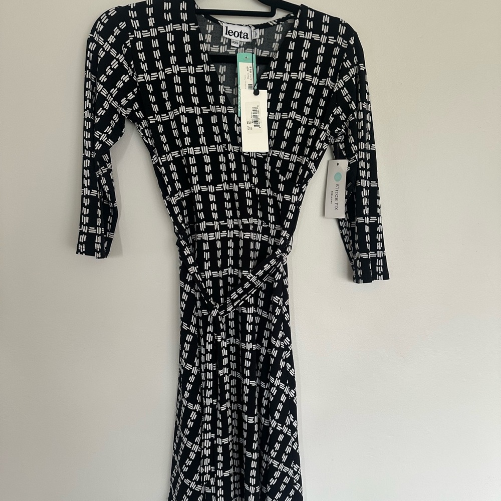 Leota Faux Wrap Midi Dress PXS (Fits Like XS) Black White Plaid Print NWT